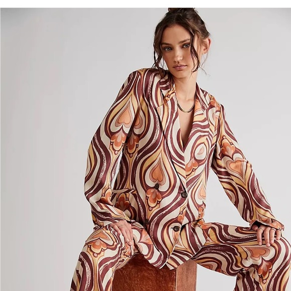 Free People One Way Out Printed Wavy Heart Pants Suit Jacket Pants Lined NEW 12
